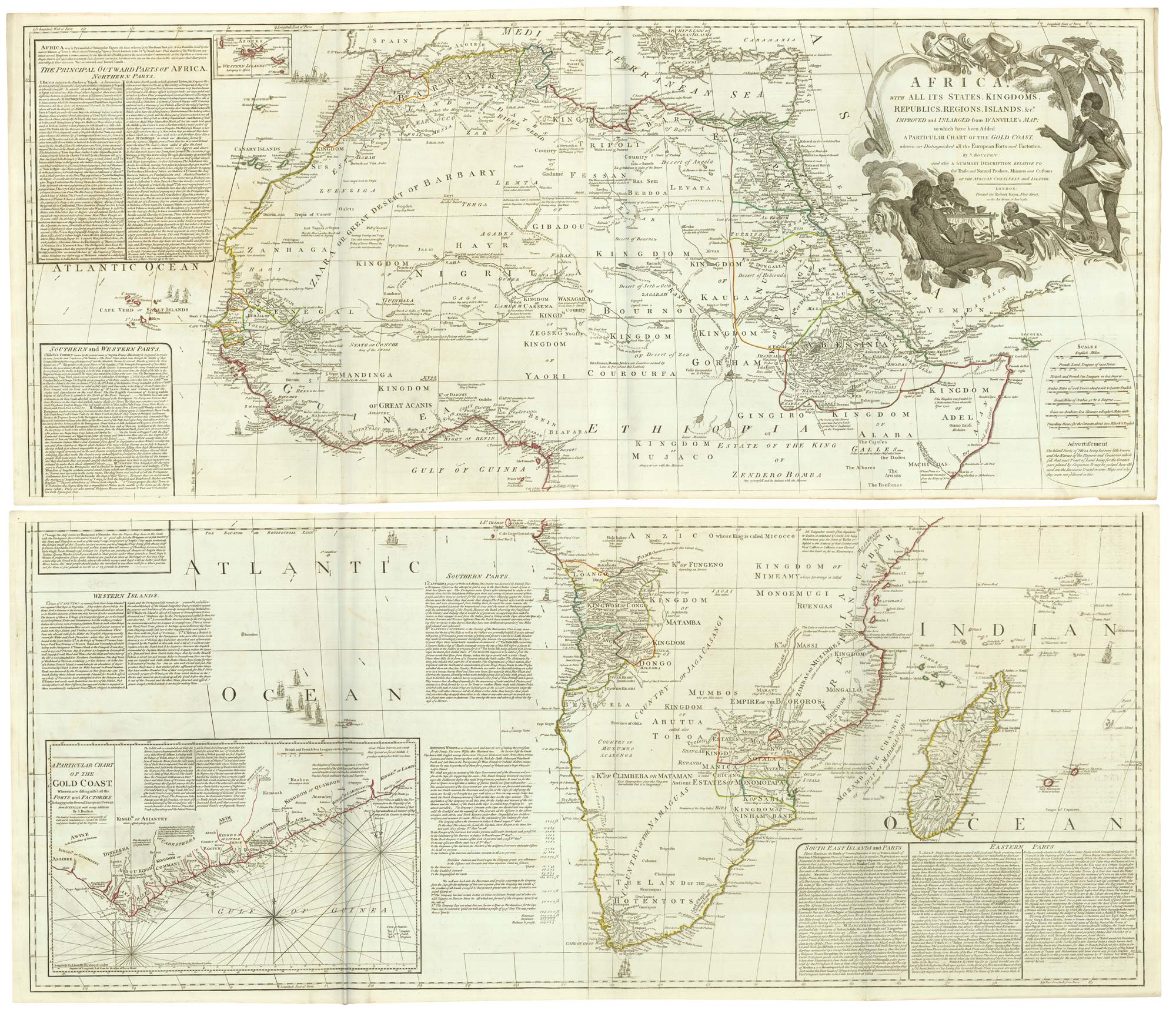 Africa With All its States, Kingdoms, Republics, Regions, Islands, &c.a Improved and Inlarged from D'Anville's Map; to which have been Added A Particular Chart of the Gold COast, wherein are Distinguished all the European Forts and Factories