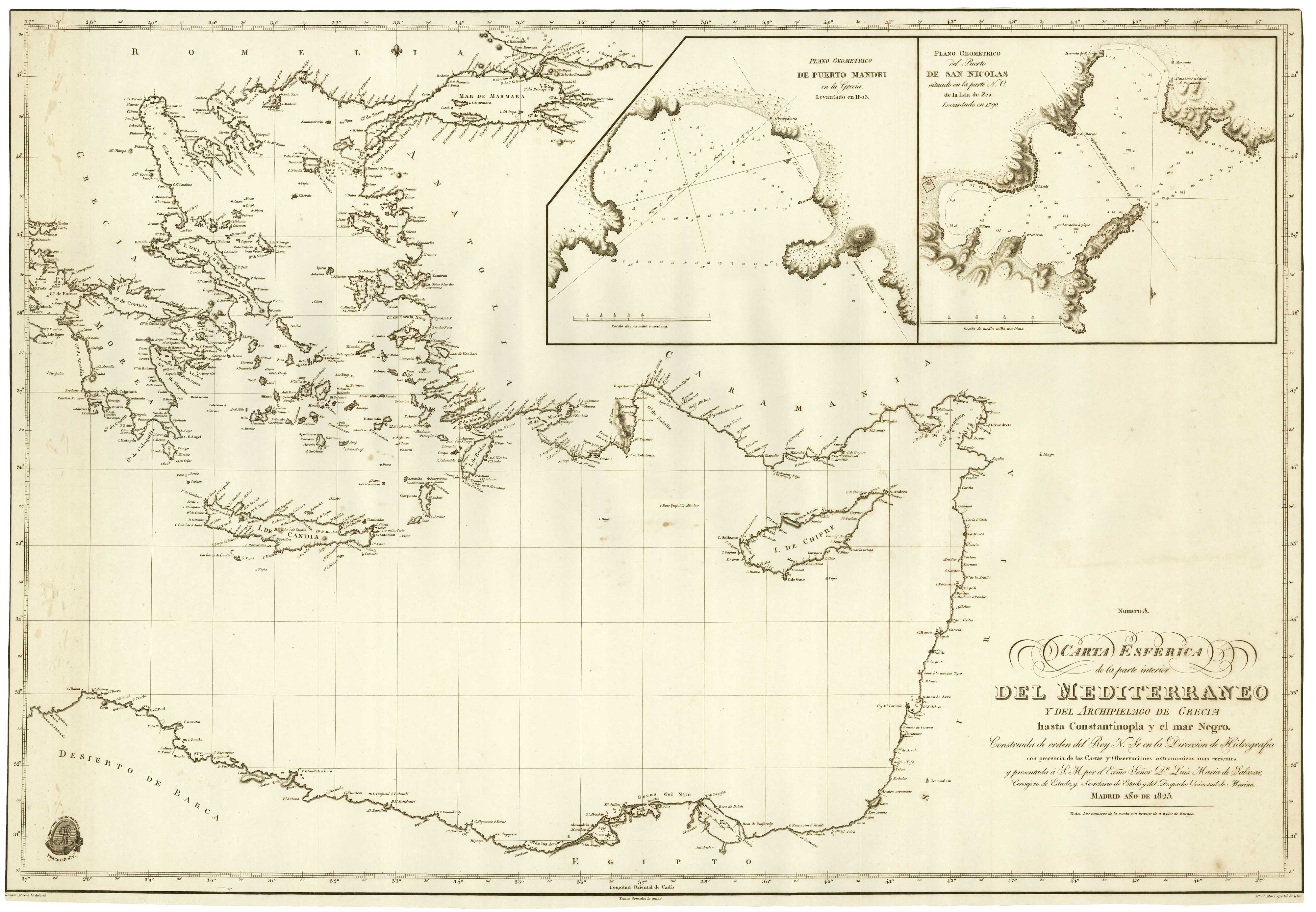 Carta Esferica de la parte interior del Mediterraneo y del Archipielago de Grecia hasta Constantinopla y el mar Nego.