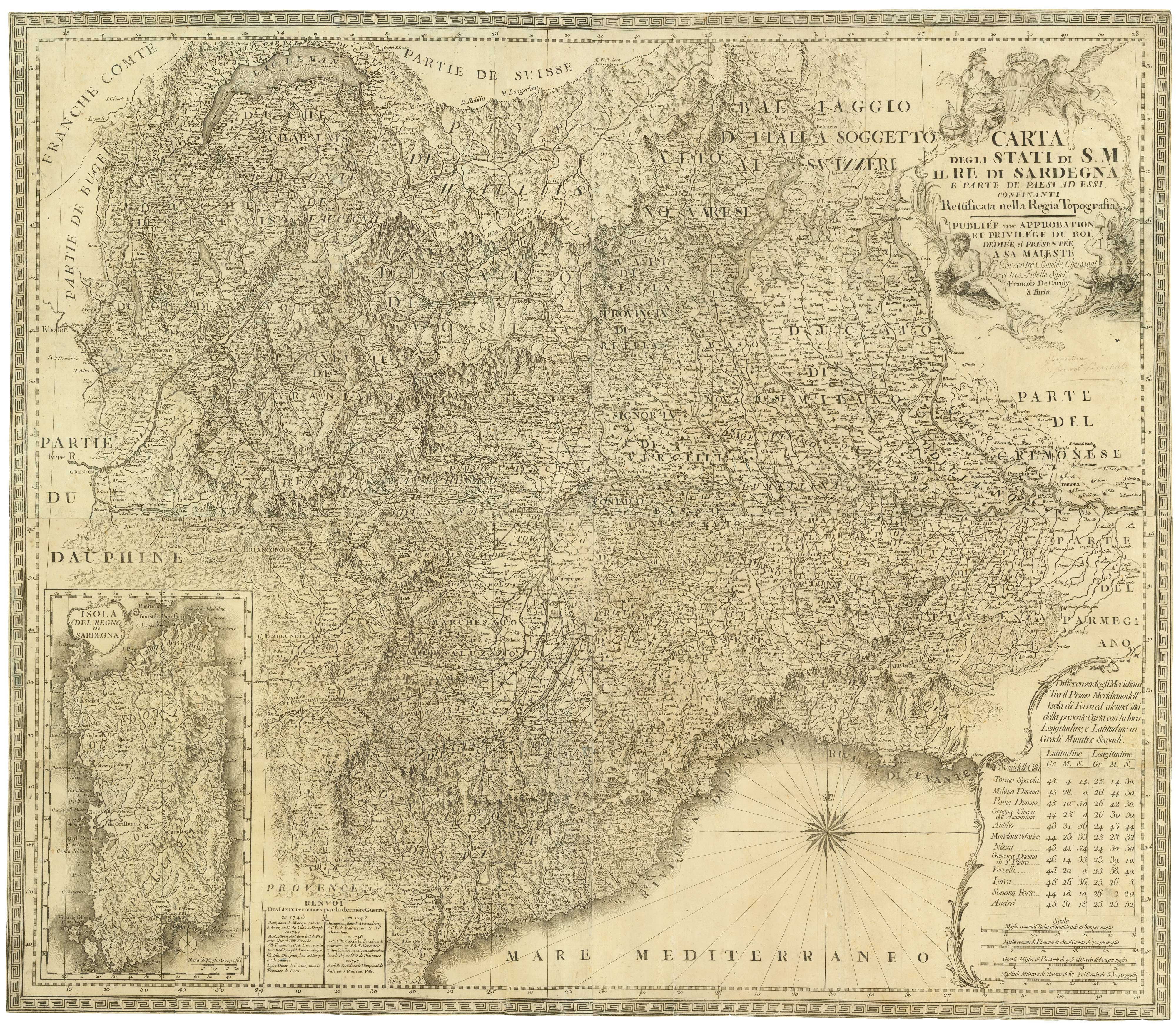 Carta degli stati di S.M. il Re di Sardegna e parte de paesi ad essi confinanti rettificata nella Regia Topografia.